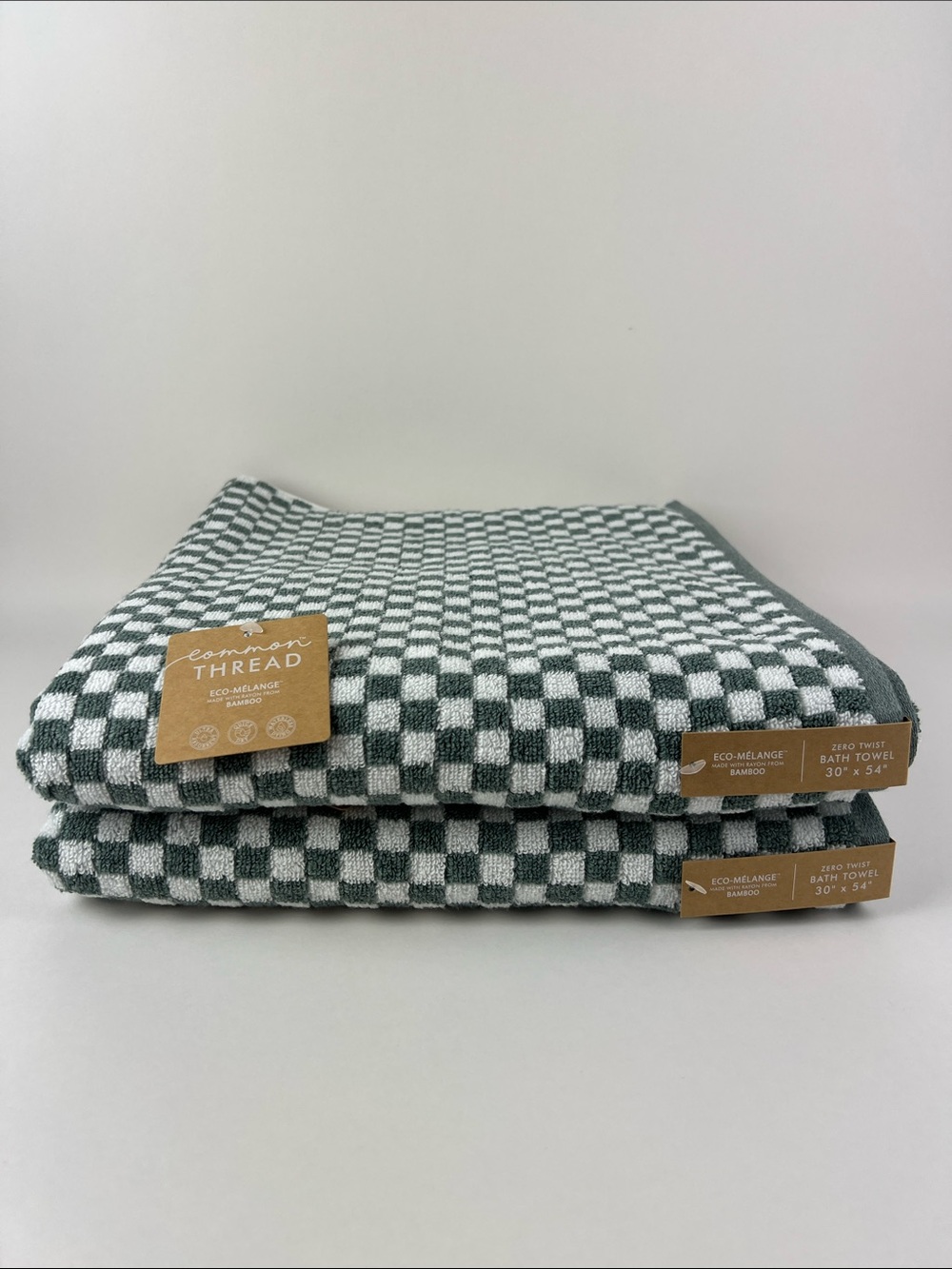 Common Thread Bamboo Eco-Mélange Bath Towels Checkerboard Green White 2 Pc NEW